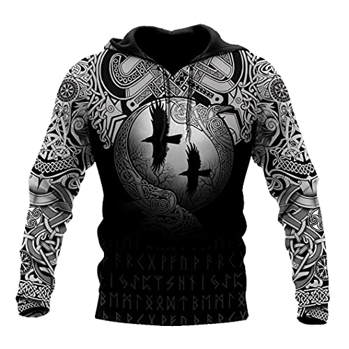 JJLLAZAD Rabe Kapuzenpulli 3D-Druck Lässig Lose Große Tasche Langärmeliger Hoodie Viking Mythos Herbst Harajuku-Stil Hoodie Pullover,Odin Crow Hoodie,3XL von JJLLAZAD