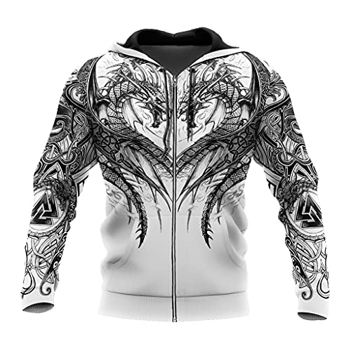Unisex Viking Street Sweatshirt 3D Gedruckter Nordic Dragon Tattoo Langarm Hoodie Herbst Harajuku Kapuzen-Sweatshirt Mit Reißverschluss,Dragon Zip Hoodie,3XL von JJLLAZAD