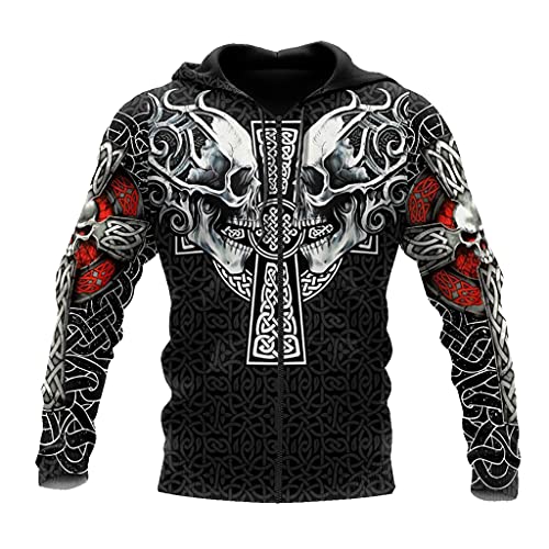 JJLLAZAD Viking Hoodie 3D-Druck Kreuzknoten Totenkopf Muster Lässige Lose Zip Hoodie Unisex Casual Harajuku Style Sweatshirt Jacke,Celtic Skull Zip Hoodie,3XL von JJLLAZAD