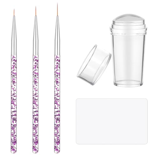 JJUNW 5 Stück Nagel Stempel Nagelpinsel Set, Transparenter Nagelstempel mit Nail Art Liner Pinsel und Nagelschaber, Silikon Nagel Stempel, French Tip Nail Stamp für Maniküre DIY Nageldesign von JJUNW