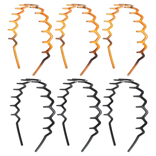JJUNW 6 Stück Zickzack Haarreifen Mädchen, Haifischzahn Harte Stirnbänder Zickzack Haarreif Anti-Rutsch Kunststoff Haarkamm Haarband für Reisen Sport Schminken (Schwarz + Leopardenbraun) von JJUNW