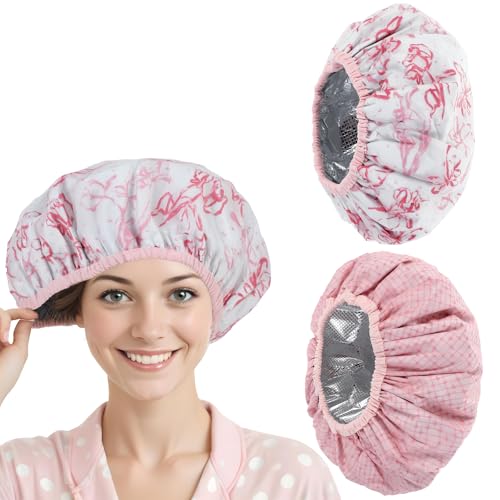 JJUNW Deep Conditioning Hair Cap, 2 Stück Duschhaube für Damen, Wasserdichte und Wiederverwendbare Duschhauben Haarhaube Färben für Mädchen Dame Schütze Die Haare(Streifen+Blumen) von JJUNW