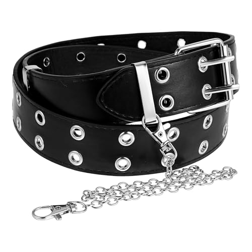JJUNW Nietengürtel Damen, Punk Gürtel mit Nieten Doppelloch Ledergürtel, Hip Hop Gürtel Rock Punk Ösengürtel Damen Herren Punkgürtel für Jeans Kleids Hose von JJUNW