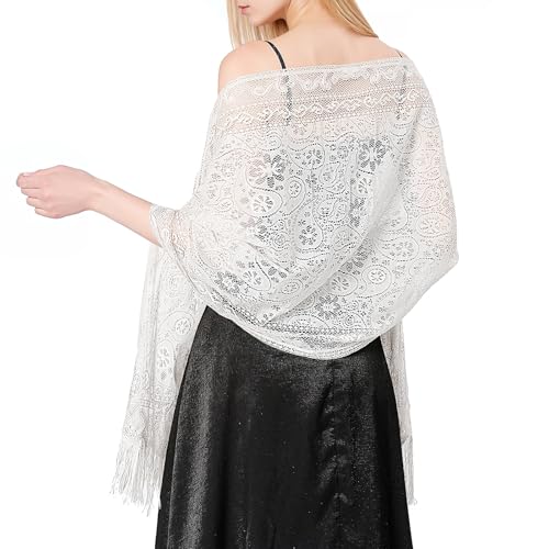 JJUNW Spitze Stola für Abendkleid, Damen Umschlagtuch mit Fransenkanten Blumen Umhang Schal Festlich Spitzenschal Netz Tücher für Hochzeit Party Abendkleider(Weiß) von JJUNW