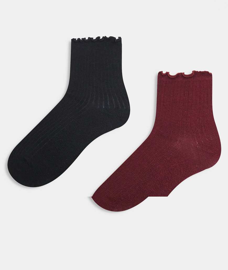 JJXX - 2er-Pack Socken in Burgunderrot-Mix mit Rüschen-Schwarz von JJXX