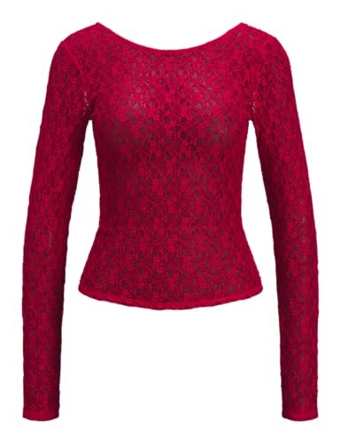 JJXX Damen Jxleah Lace STR Ls Deep Back Top JRS Langarmshirt, Racing Red, Large von JJXX