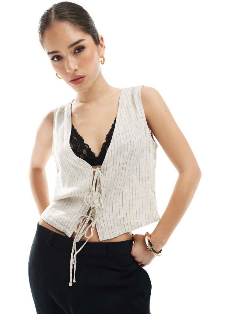 JJXX - Weste aus Leinenmix in Creme mit Streifen und Bindedetail-Weiß von JJXX