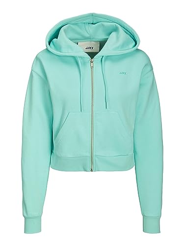 JJXX Women's JXABBIE LS REG Every Brush Zip Hood NOOS Sweatjacke, Aruba Blue/Print:Turquoise Logo, XL von JJXX