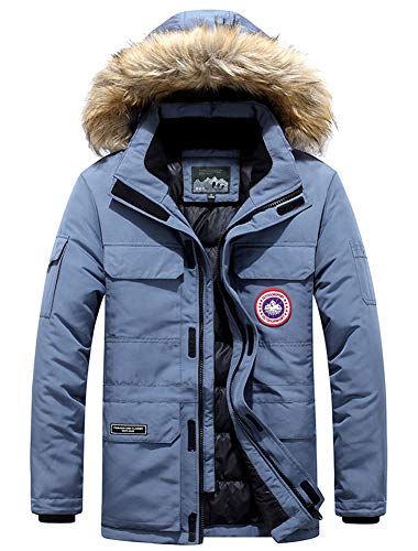 Herren Daunenjacke Winterjacke Fur Hooded Puffer Jacket Fell Pelzmantel Winterparka Pelzkragen Mit Kapuze Winter Warme Mäntel Jacken (Blau,2XL) von JJZXX