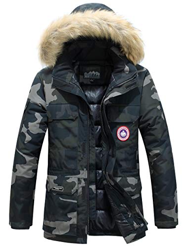 Herren Daunenjacke Winterjacke Fur Hooded Puffer Jacket Fell Pelzmantel Winterparka Pelzkragen Mit Kapuze Winter Warme Mäntel Jacken (Camo2, L) von JJZXX