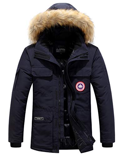 Herren Daunenjacke Winterjacke Fur Hooded Puffer Jacket Fell Pelzmantel Winterparka Pelzkragen Mit Kapuze Winter Warme Mäntel Jacken (Dunkelblau,L) von JJZXX