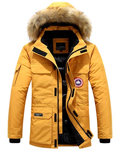 Herren Daunenjacke Winterjacke Fur Hooded Puffer Jacket Fell Pelzmantel Winterparka Pelzkragen Mit Kapuze Winter Warme Mäntel Jacken (Gelb,3XL) von JJZXX