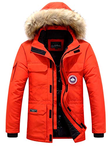 Herren Daunenjacke Winterjacke Fur Hooded Puffer Jacket Fell Pelzmantel Winterparka Pelzkragen Mit Kapuze Winter Warme Mäntel Jacken (Rot,2XL) von JJZXX