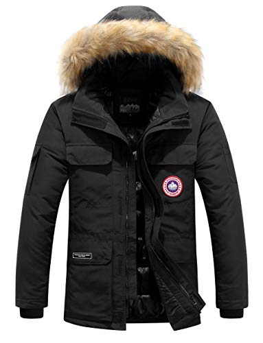 Herren Daunenjacke Winterjacke Fur Hooded Puffer Jacket Fell Pelzmantel Winterparka Pelzkragen Mit Kapuze Winter Warme Mäntel Jacken (Schwarz, 2XL) von JJZXX