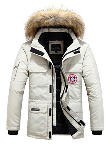 Herren Daunenjacke Winterjacke Fur Hooded Puffer Jacket Fell Pelzmantel Winterparka Pelzkragen Mit Kapuze Winter Warme Mäntel Jacken (Weiß,2XL) von JJZXX