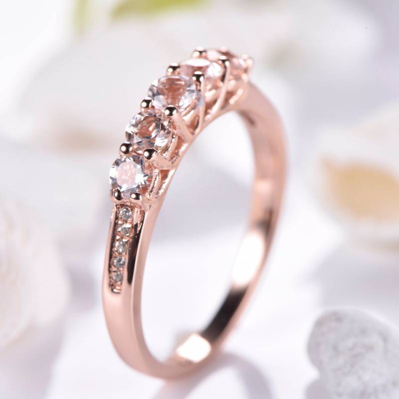 Antike Morganit Hochzeit Band Hälfte Ewigkeit Diamant Braut Passenden Jubiläum Stacking 14K Rose Gold Retro Versprechen Stapelring von JJewelryCrafts