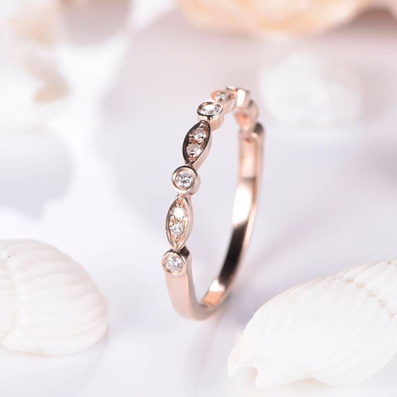 Art Deco Marquise Wedding Band Halb Eternity Antique Retro Bridal Stacking Ring Micro Pave Diamond 14K Rose Gold Anniversary Gift von JJewelryCrafts