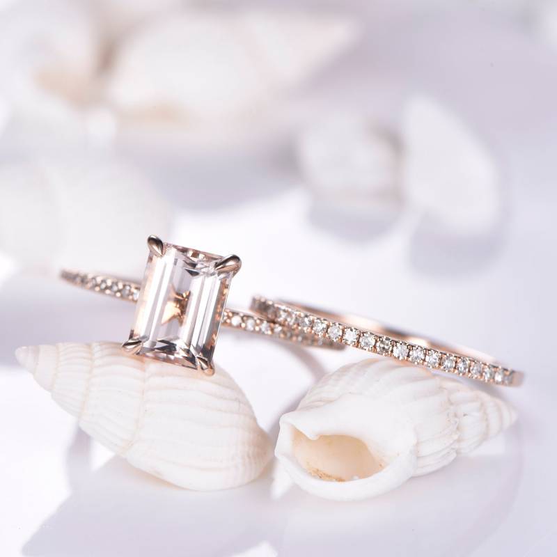 Emerald Cut Morganite Engagement Ring Set Half Eternity Natural Diamond Wedding Micro Pave Bridal 14K Rose Gold Anniversary von JJewelryCrafts