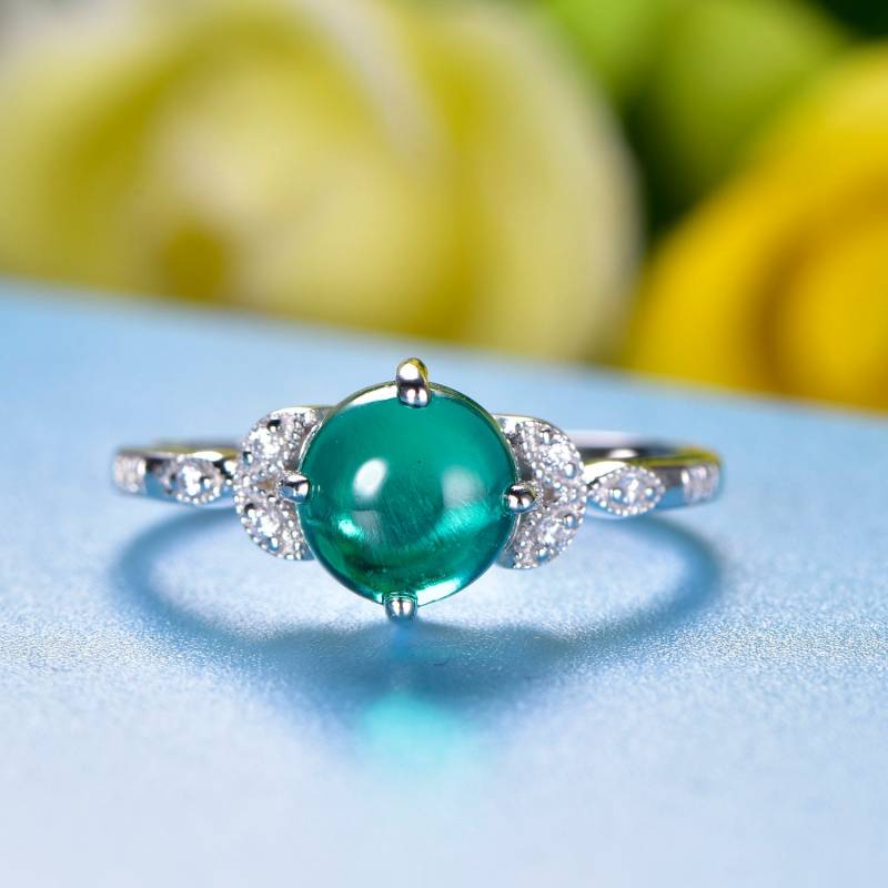 Emerald Ring 14K White Gold Engagement Lab-Behandelte Leaves Diamond Band Floral Women Promise von JJewelryCrafts