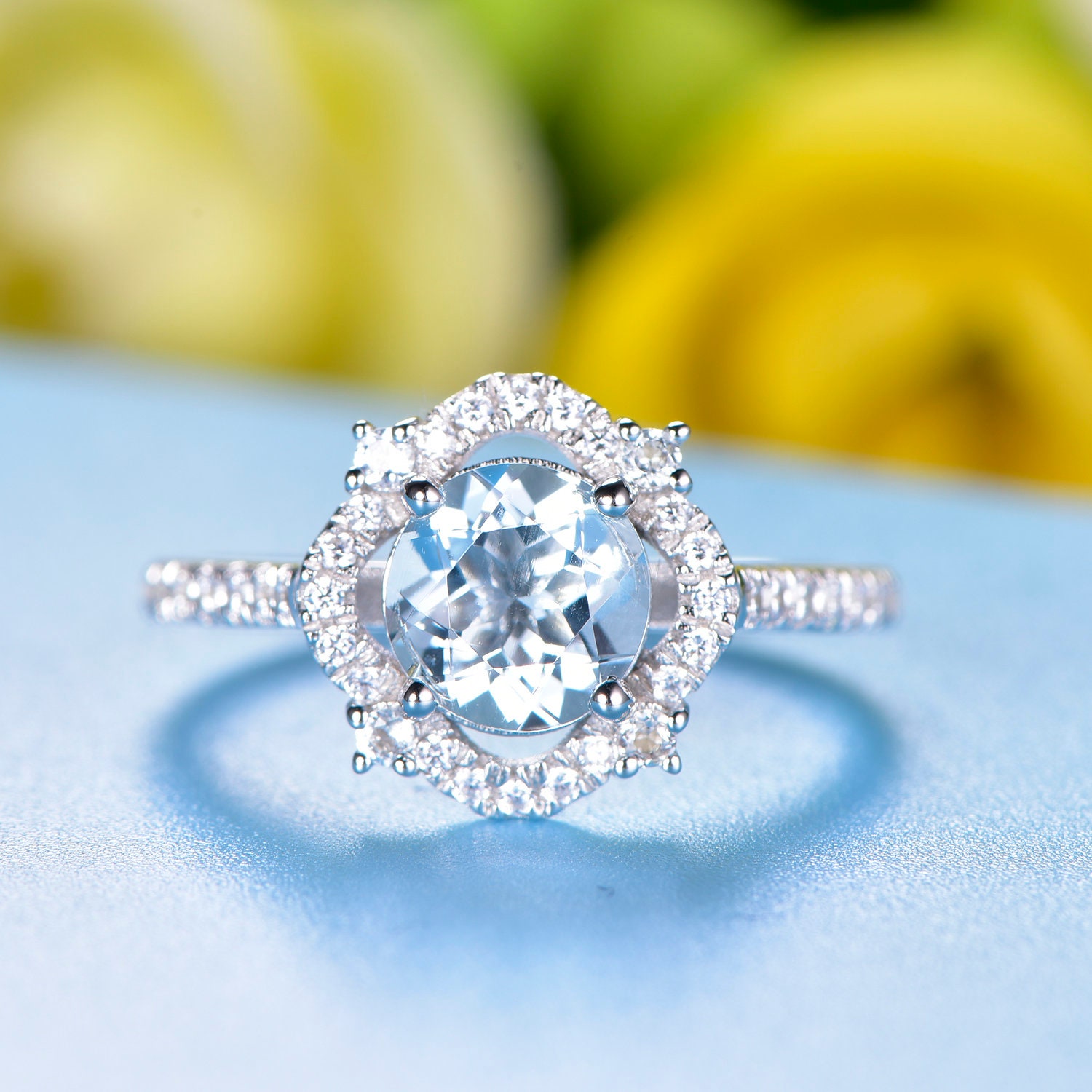 Floral Aquamarine Ring 14K Rose Gold Diamond Halo Engagement Halb Eternity Band Bridal Deco Frauen von JJewelryCrafts