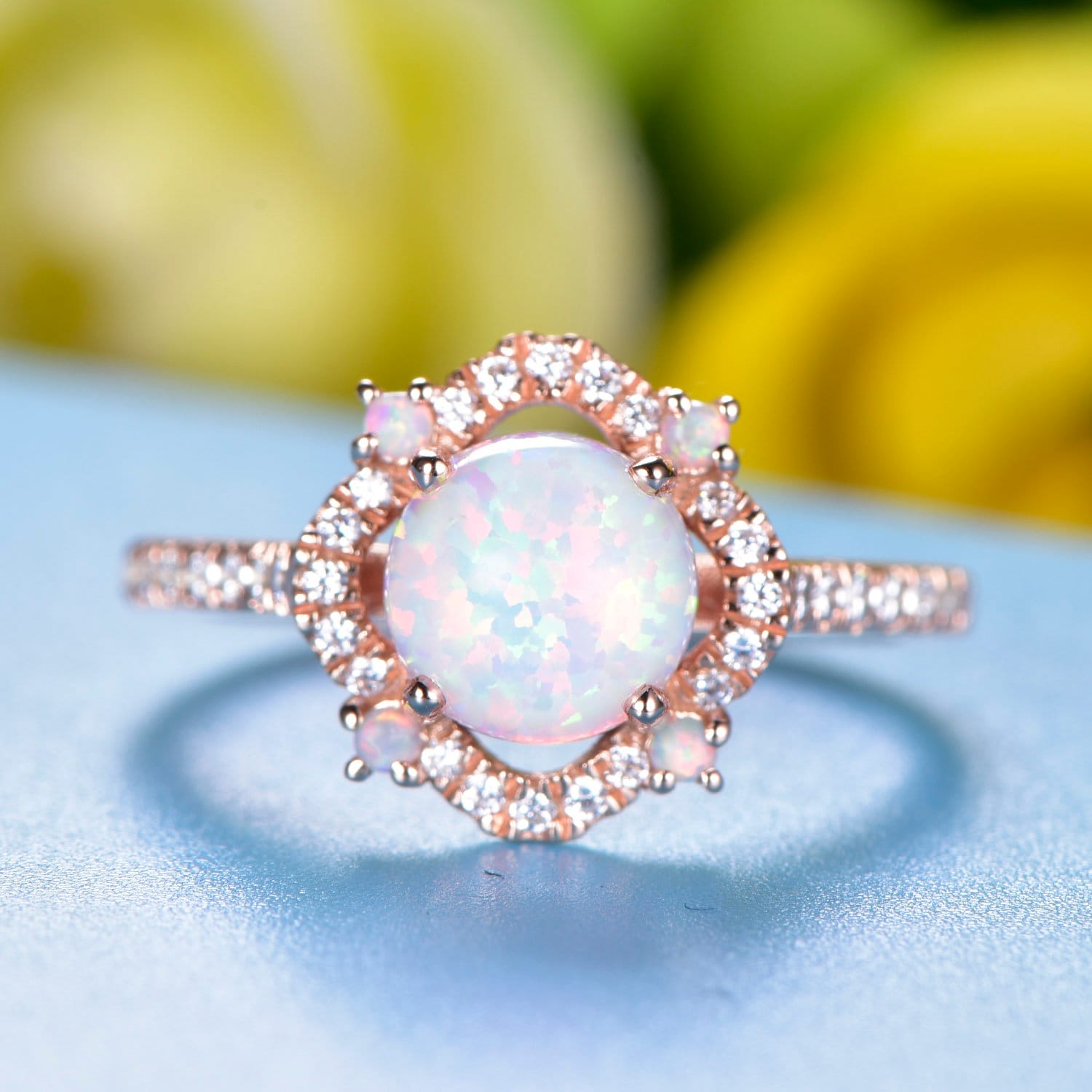 Floral Opal Ring 14K Rose Gold Diamond Halo Lab Treated Engagement Half Eternity Band Bridal Art Deco Frauen von JJewelryCrafts