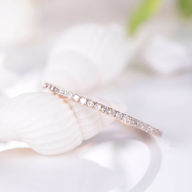 Full Eternity Stacking Ring Rose Gold Wedding Band Diamond Thin Micro Pave Dainty Minimalist von JJewelryCrafts