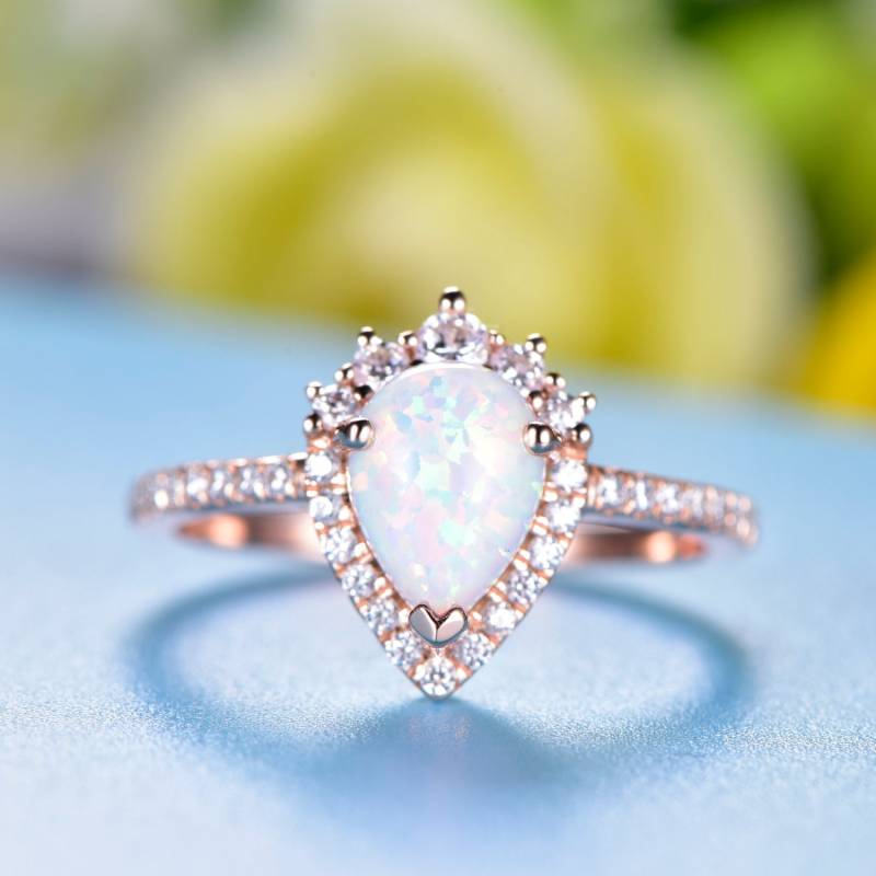 Opal Ring 14K Rose Gold Bridal Lab-Trated Engagement Halb Eternity Diamond Band Art Deco Halo Crown von JJewelryCrafts