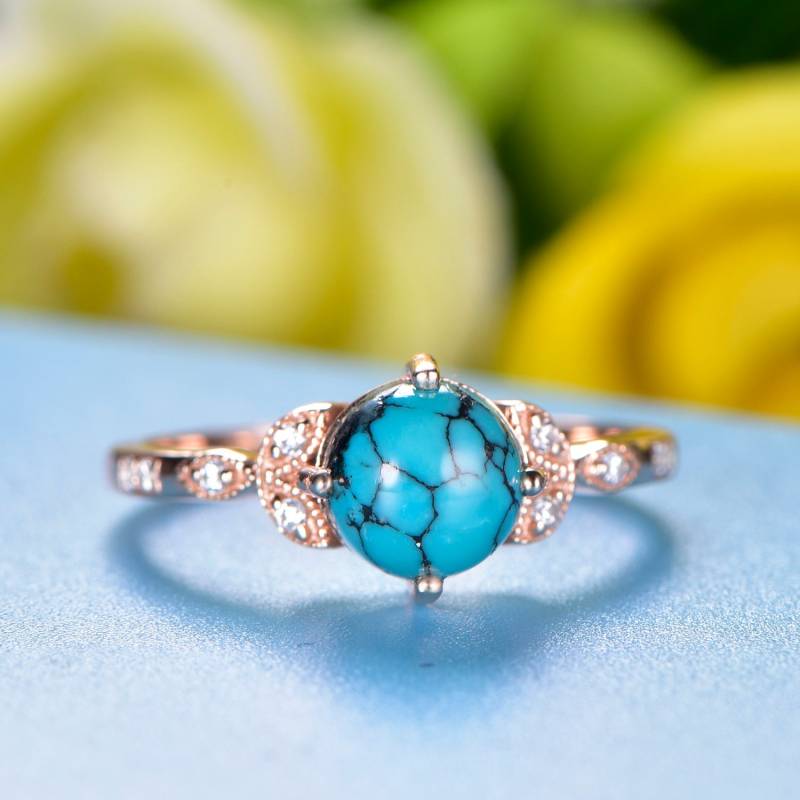 Türkisfarbener Engagement Ring 14K Rose Gold Bridal Art Deco Wedding Band 7mm Turquoise Leaves Diamond Women Anniversary von JJewelryCrafts