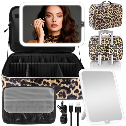 JJhxr Make-up-Tasche mit abnehmbarem beleuchtetem Spiegel, Reise-Make-up-Tasche mit 3 Farblichtern, dimmbare Helligkeit, großes Fassungsvermögen, Kosmetik-Organizer mit abnehmbaren Trennwänden und von JJhxr