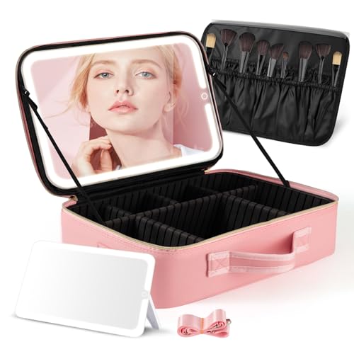 Reise-Make-up-Tasche mit LED-Spiegel, großer Reise-Make-up-Organizer mit abnehmbarem Standspiegel, Make-up-Tasche mit beleuchtetem Spiegel, 3 Farbeinstellungen, wasserdichte Make-up-Box mit von JJhxr