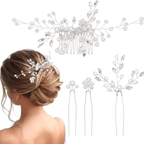 JJiaoLinin Hochzeit Haarnadeln, 4 Stück Haarschmuck Hochzeit Kristall Stirnband U-Form Kristall Haare Brautschmuck Hochzeit Haarspangen für Damen Frauen Mädchen Silber von JJiaoLinin