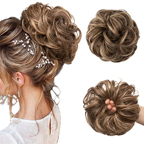 JJstar Haarteil Mit Gummiband, Groß Dutt Haarteil Gelockt Haargummi Mit Haaren Hochsteckfrisuren Haarverlängerung Messy Bun Haarteile für Damen Mädchen Pferdeschwanz (Brünett& Honigblond) von JJstar