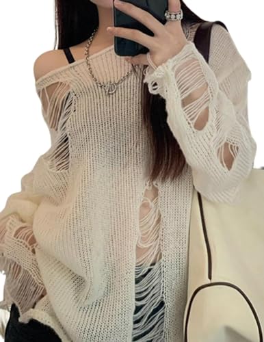 JJyaOX Damen Ripped Cut Out Löcher Langarm Goth Punk Mesh Strick Cover Up Schräge Schulter Asymmetrischer Saum T-Shirt Top, 1-beige, One size von JJyaOX