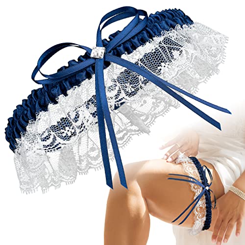 JK Trade® L-XXXL Premium Braut Strumpfband in Blau für Hochzeit, Band verziert mit Spitze, Schleife und einem edlen filigranen Glitzer-Stein, 100% Handgefertigt (Königsblau) von JK Trade