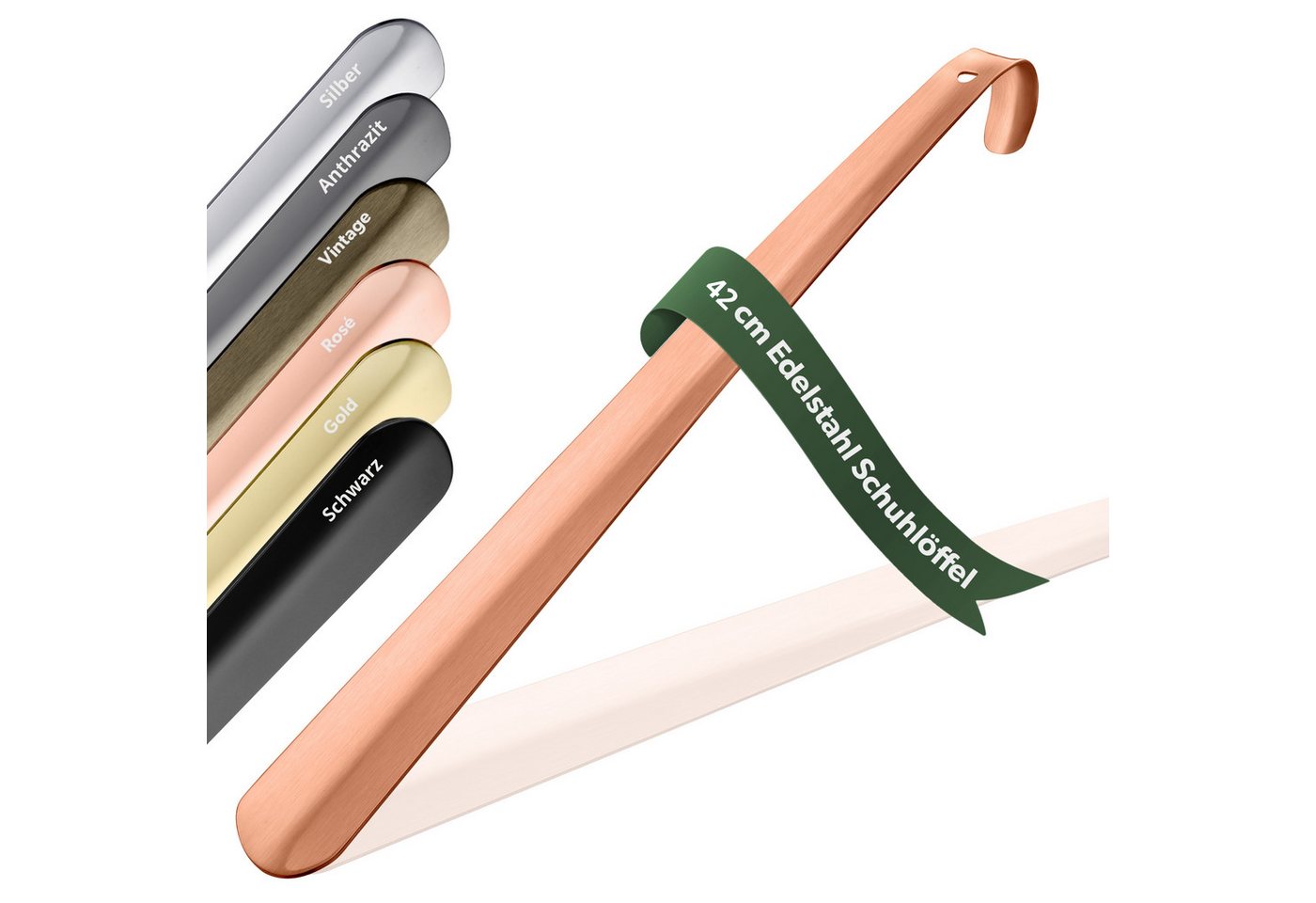 JK Trade Schuhlöffel 42cm Edelstahl Kupfer poliert (1-tlg., lang & stabil), Metall Schuhanzieher lang zum Stehen, Aufhängbar, 2mm Extra Stabil von JK Trade