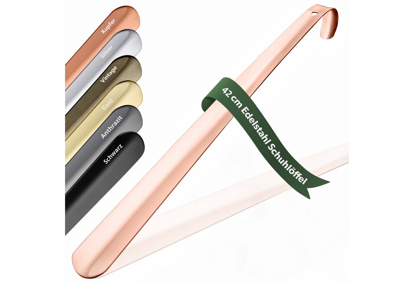 JK Trade Schuhlöffel 42cm Edelstahl Roségold poliert (1-tlg., lang & stabil), Metall Schuhanzieher lang zum Stehen, Aufhängbar, 2mm Extra Stabil von JK Trade