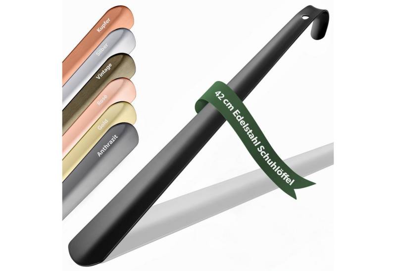 JK Trade Schuhlöffel 42cm Edelstahl Schwarz pulverbeschichtet (1-tlg., lang & stabil), Metall Schuhanzieher lang zum Stehen, Aufhängbar, 2mm Extra Stabil von JK Trade