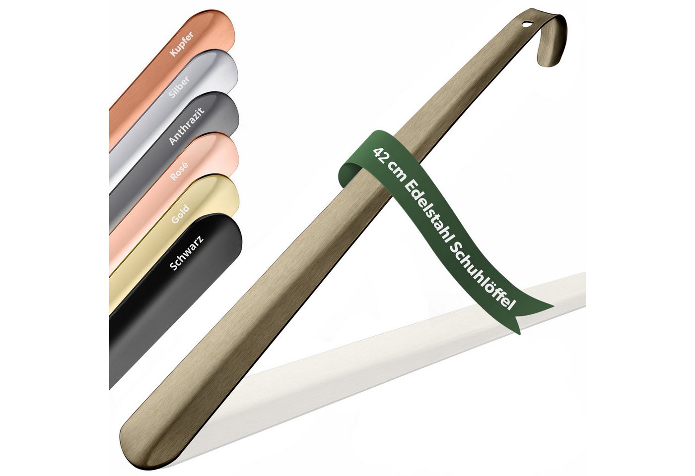 JK Trade Schuhlöffel 42cm Edelstahl Vintage poliert (1-tlg., lang & stabil), Metall Schuhanzieher lang zum Stehen, Aufhängbar, 2mm Extra Stabil von JK Trade