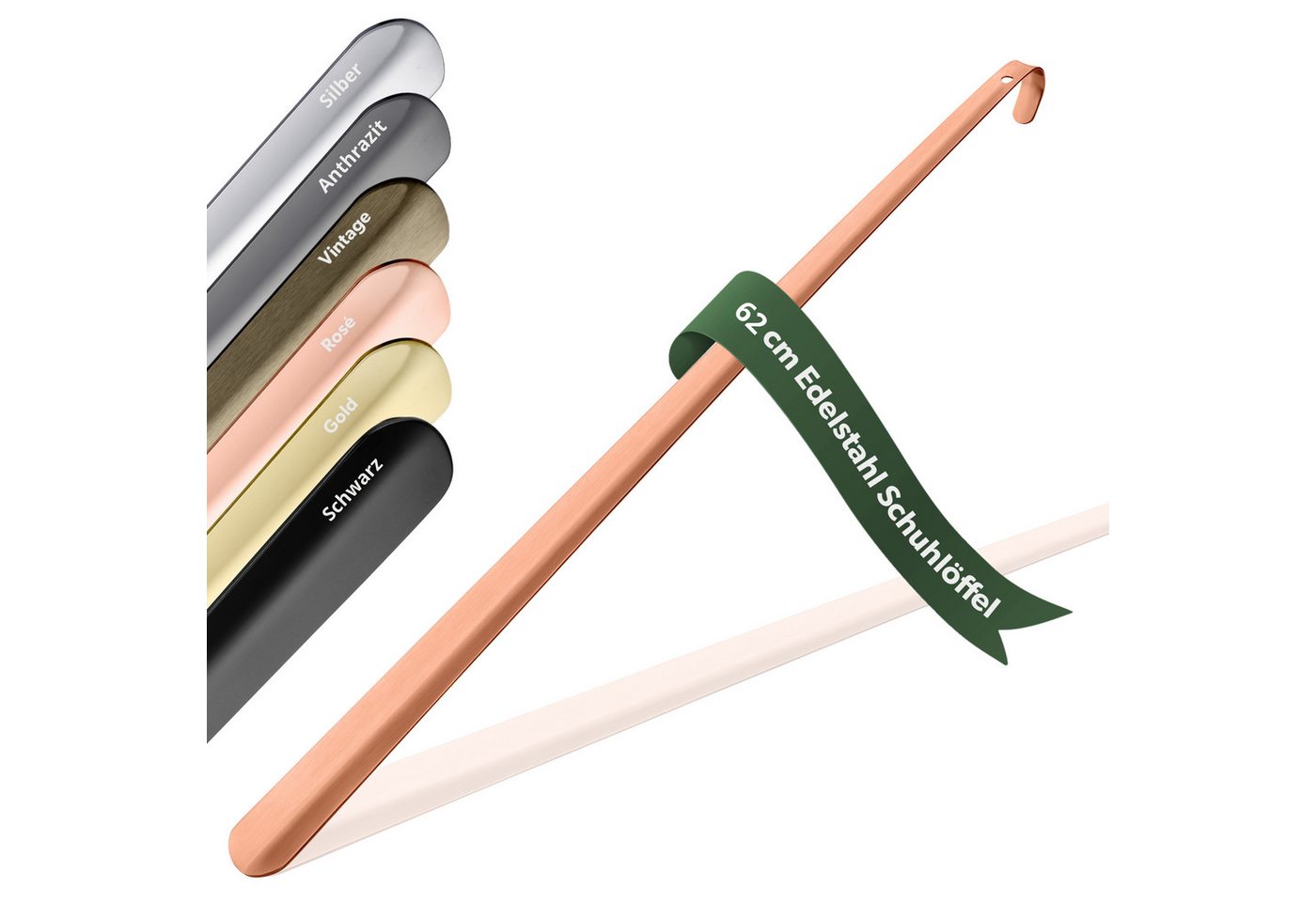 JK Trade Schuhlöffel 62cm Edelstahl Kupfer poliert (1-tlg., lang & stabil), Metall Schuhanzieher lang zum Stehen, Aufhängbar, 2mm Extra Stabil von JK Trade