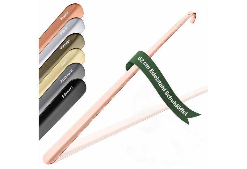 JK Trade Schuhlöffel 62cm Edelstahl Roségold poliert (1-tlg., extra lang & stabil), Metall Schuhanzieher lang zum Stehen, Aufhängbar, 2mm Extra Stabil von JK Trade
