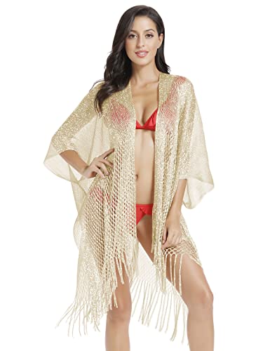 JK Unicorn Metallic Sparkly Kimono Cardigan Badeanzug Strand Bikini Cover Ups Open Front Casual Bluse Tops - Gold - Large von JK Unicorn