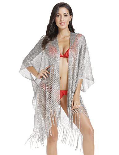 JK Unicorn Metallic Sparkly Kimono Cardigan Badeanzug Strand Bikini Cover Ups Open Front Casual Bluse Tops - Silber - Large von JK Unicorn