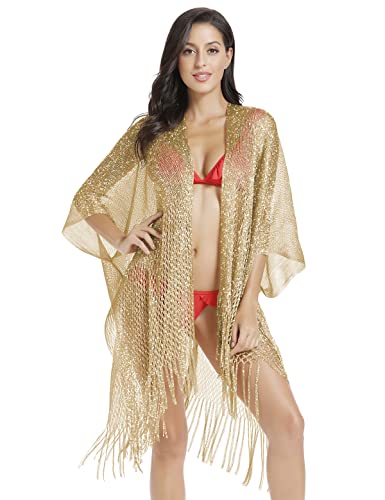 Metallic Sparkly Kimono Cardigan Badeanzug Strand Bikini Cover Ups Open Front Casual Bluse Tops - Gold - Large von JK Unicorn
