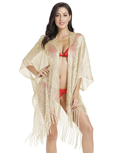 Metallic Sparkly Kimono Cardigan Badeanzug Strand Bikini Cover Ups Open Front Casual Bluse Tops - Gold - Large von JK Unicorn