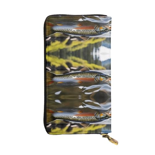JKDGOJ Brook Trout Fly Fishing Prints Damen-Geldbörse aus Leder, lange Handtasche, großes Fassungsvermögen, Kreditkartenfach mit Reißverschluss von JKDGOJ
