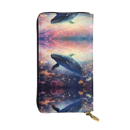 JKDGOJ Damen-Geldbörse aus Leder, Motiv: Blumen tanzen mit Walen, lang, großes Fassungsvermögen, Kreditkarten-Reißverschlusstasche von JKDGOJ
