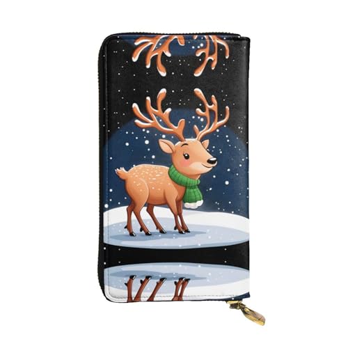 JKDGOJ Damen-Geldbörse aus Leder, Motiv: Weihnachts-Hirsch unter Schneeflocken, lang, große Kapazität, Kreditkarten-Reißverschlusstasche von JKDGOJ