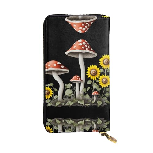 JKDGOJ Damen-Geldbörse mit Sonnenblumen-Motiv unter Pilzen, Leder, lange Handheld-Geldbörse, großes Fassungsvermögen, Kreditkarten-Reißverschlusstasche von JKDGOJ