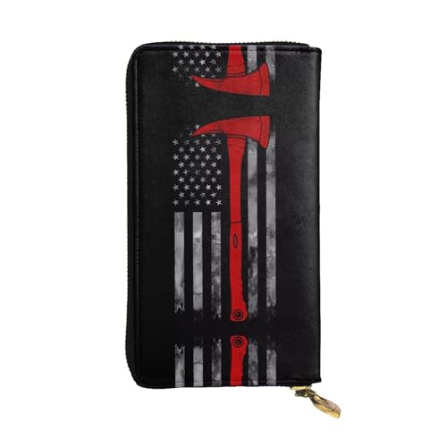 JKDGOJ Firefighter Axe Red Line Flag Prints Damen Leder lange Handgeldbörse große Kapazität Kreditkarte Reißverschluss Tasche von JKDGOJ