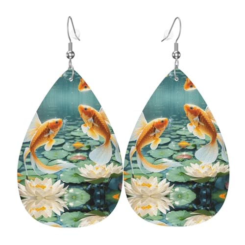 JKDGOJ Goldfisch- und Lotus-Muster Wassertropfen-Anhänger Ohrringe und Leder-Ohrringe, geeignet als Feiertags-Geburtstagsgeschenk für Frauen von JKDGOJ